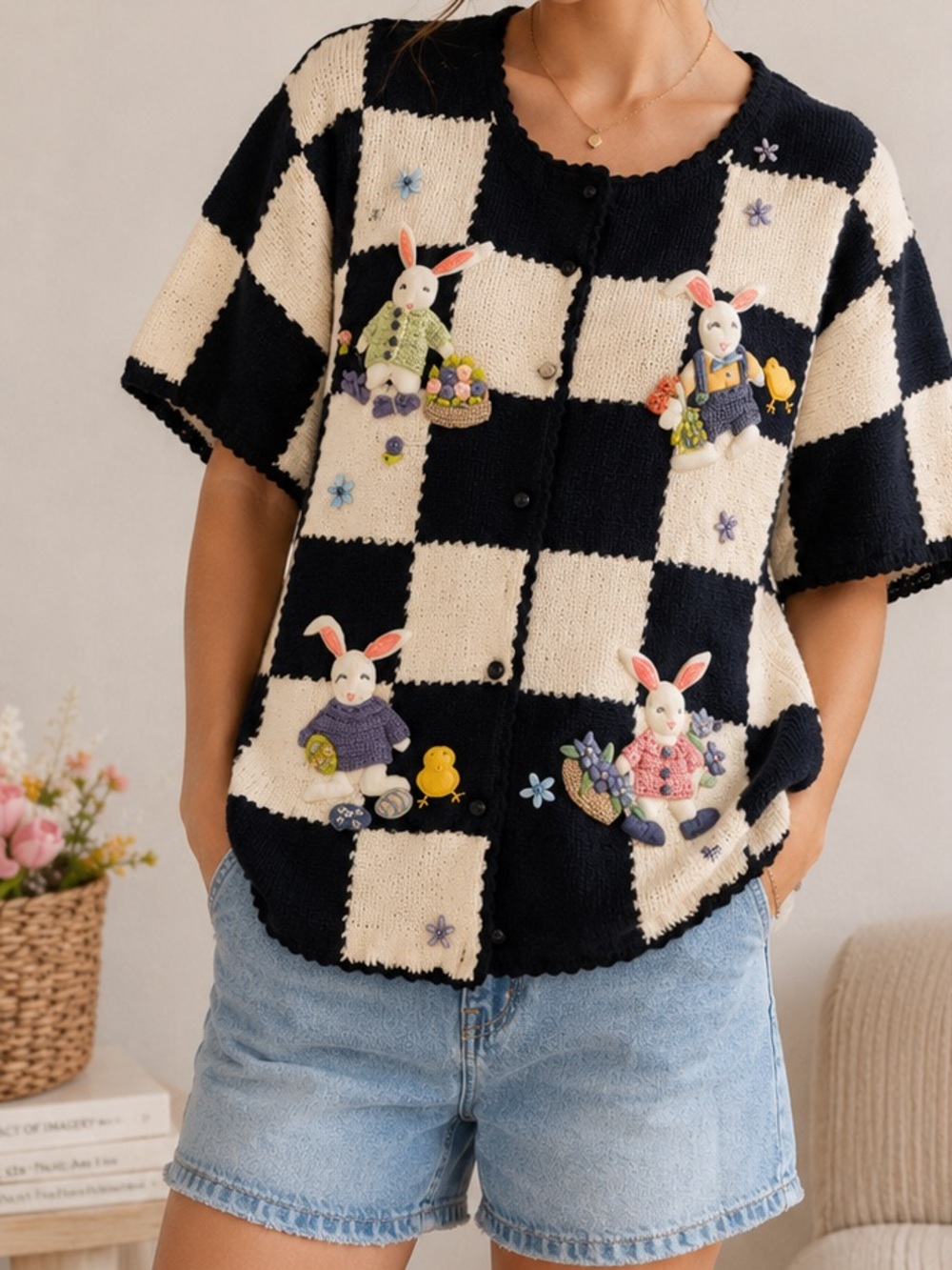 Vintage Marisa Christina Bunny Checkerboard Cardigan Sweater L 90s Whimsical